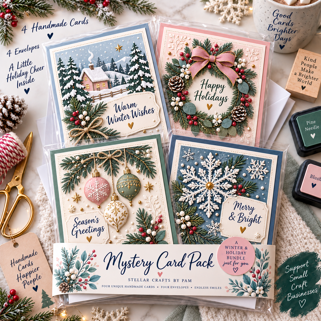 Winter Holiday Mix Sampling Card Pack - Set of 4 Handmade Cards
