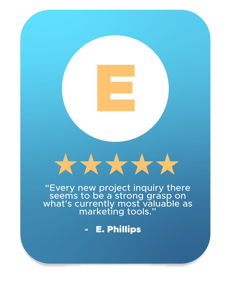 Five-star testimonial from E. Phillips praising Keith Concepts for their grasp on effective and valuable marketing tools.