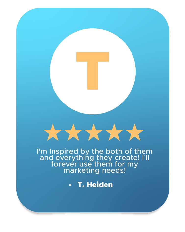 Five-star testimonial from T. Heiden highlighting Keith Concepts' inspiring creativity and dependable marketing services.