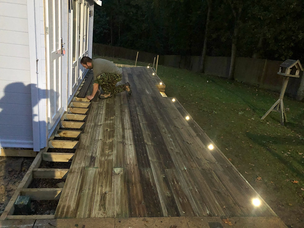 Low voltage decking lights connected to the properties Hive app and controllable via smart phone app and Alexa.