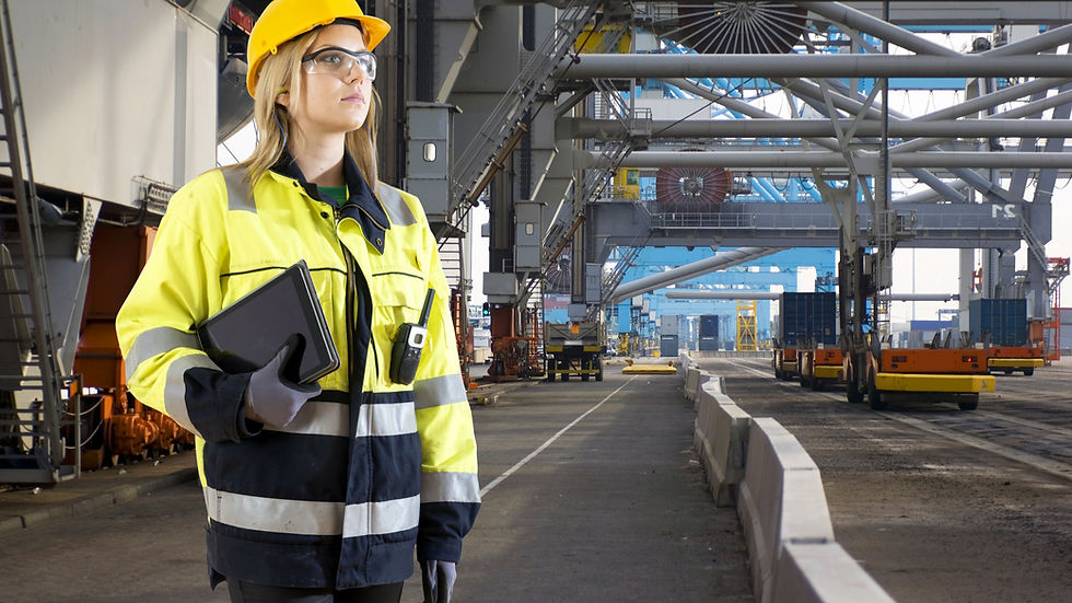 vrouwelijke havenwerker op inspectie