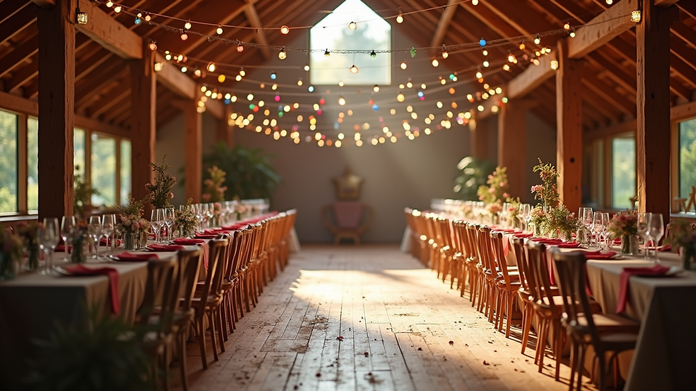 Eye-level view of cozy indoor barn party setup with colorful decorations