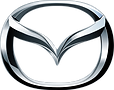 Silver chrome Mazda logo on a black background