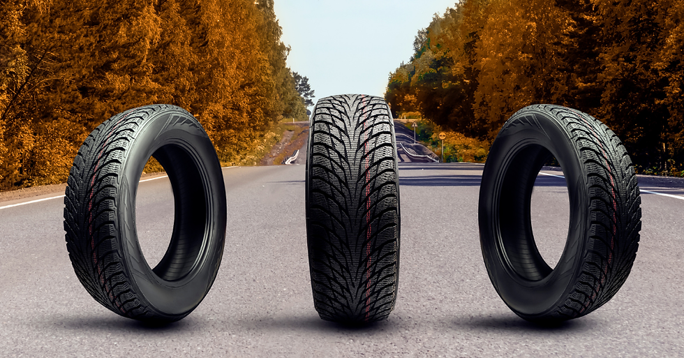 Set of car tires displayed on a road symbolizing tire care tips for Waco Texas drivers