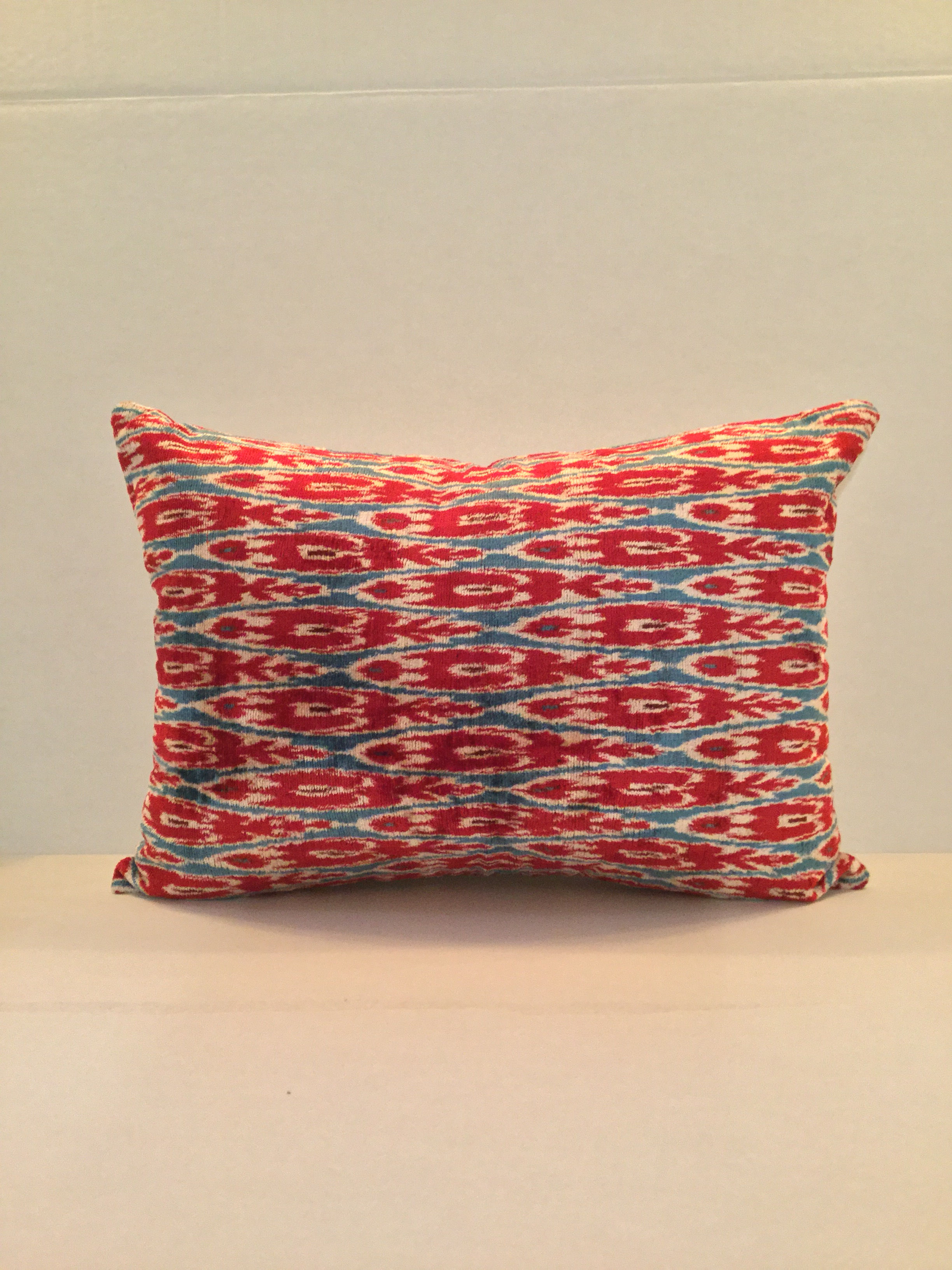 Velvet Ikat Pillow (Blue/Red/Cream)