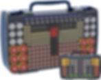 A clear plastic battery organizer case with various sized batteries neatly arranged inside. The case has a handle and is set against a white background. Linked to Amazon for purchase.