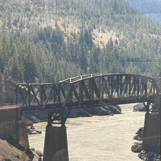 Railroad bridge over river along the train route from Kamloops to Vancouver.
