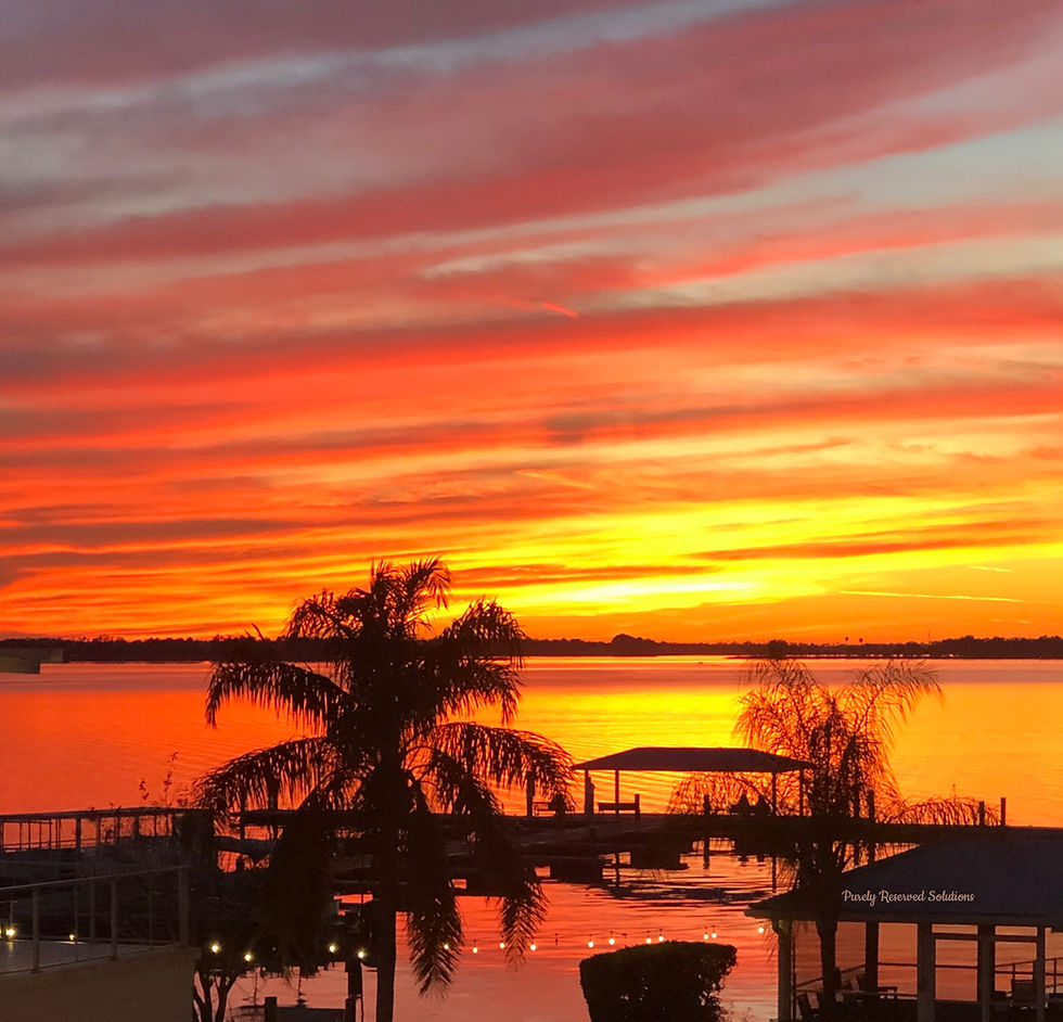 Vibrant sunset over a calm lake, silhouetting palm trees and docks. The sky is ablaze with orange and red hues, creating a tranquil mood.