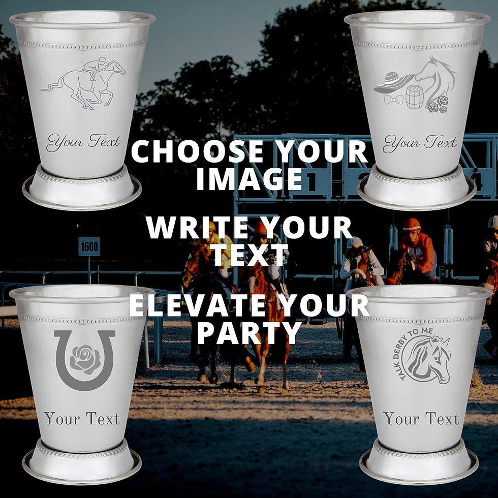 Silver cups with horse racing designs overlaid on a racetrack background. Text: "Choose Your Image, Write Your Text, Elevate Your Party." Link to Amazon for purchase.