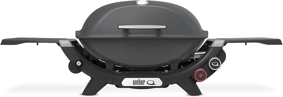 Black Weber Q tabletop grill with side shelves on a white background, shown closed with Weber logo visible