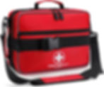 Red first aid kit bag with a black strap, zippers, and buckle. White cross with "FIRST AID KIT POYGIK" text on the front. Linked to Amazon for purchase.