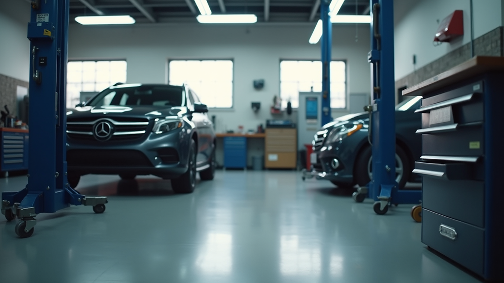 Eye-level view of a clean and organized car repair shop with tools neatly arranged