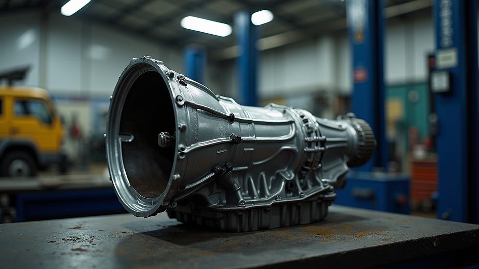 High angle view of a car transmission on a workbench