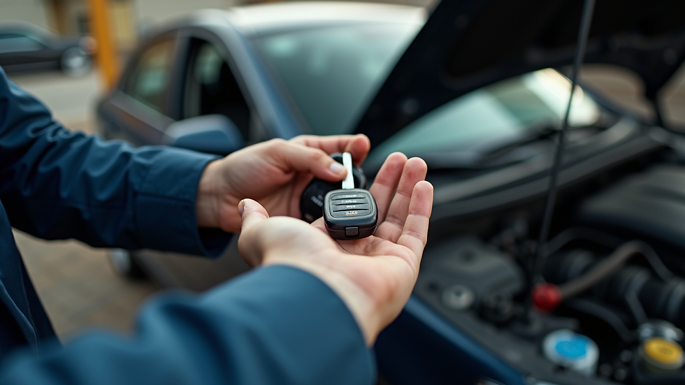 High angle view of a mechanic handing car keys back to a customer