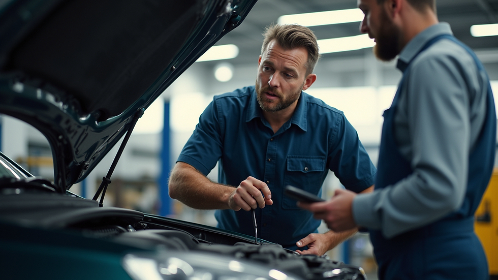 Eye-level view of a mechanic explaining car issues to a customer