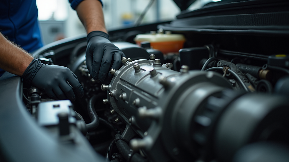 Close-up view of a car transmission system being inspected