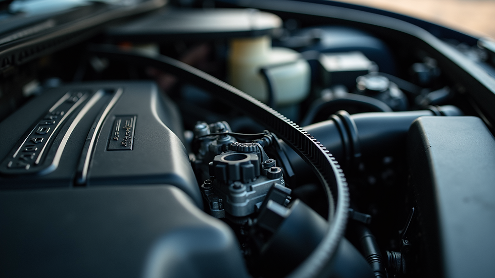 High angle view of a car engine with timing belt visible