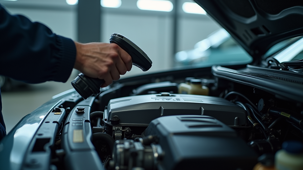 Close-up view of a car engine being diagnosed with a scanner