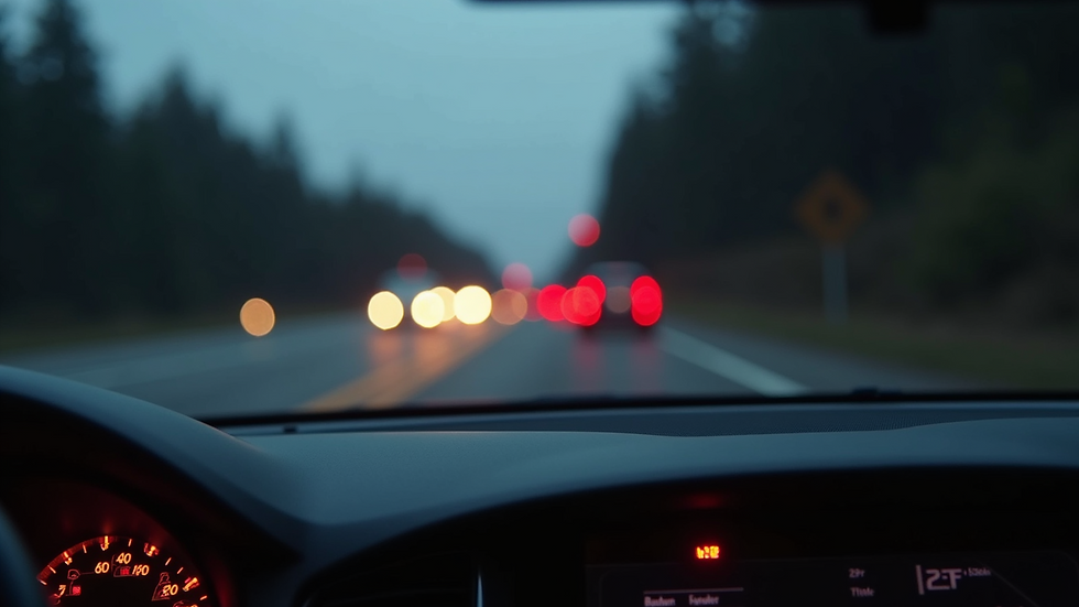 Eye-level view of car dashboard with warning lights illuminated
