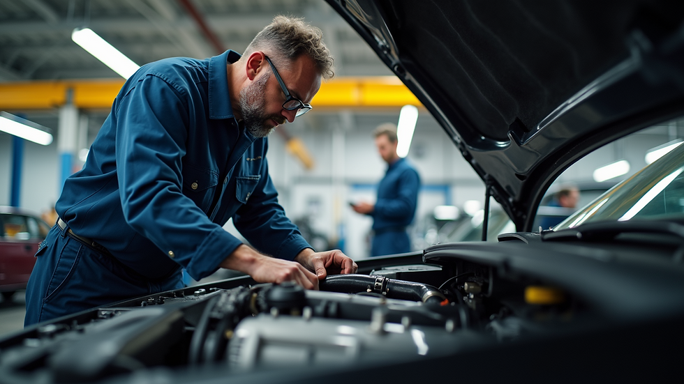 Eye-level view of a car mechanic inspecting a vehicle engine