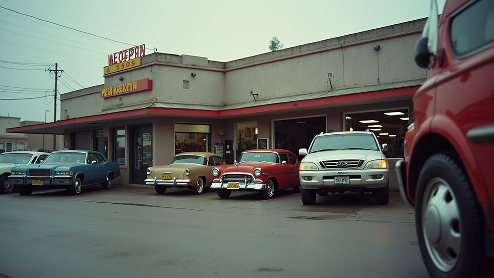 Eye-level view of a local auto repair shop with cars parked outside