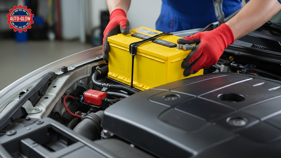 Eye-level view of a mechanic installing a new car battery