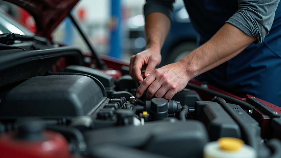 Close-up view of a mechanic's hands working on a car engine