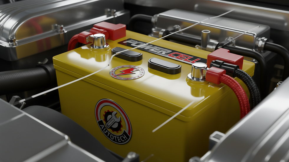 Close-up view of a car battery under the hood