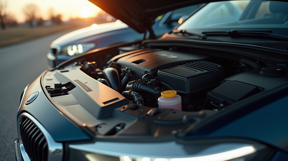 Eye-level view of a car engine compartment with the hood open