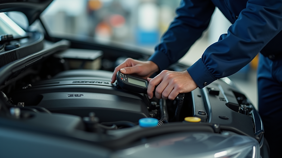 Close-up view of a mechanic using an advanced diagnostic scanner on a car engine