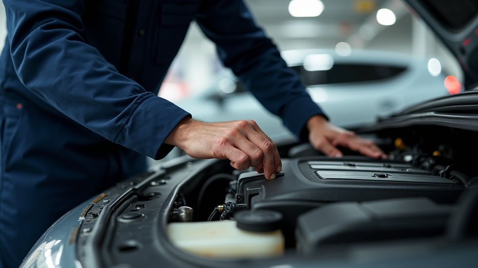Close-up view of a mechanic inspecting a car engine during a full service