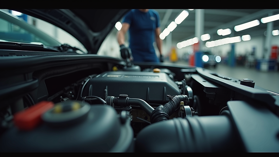 Eye-level view of a car engine being inspected in a garage