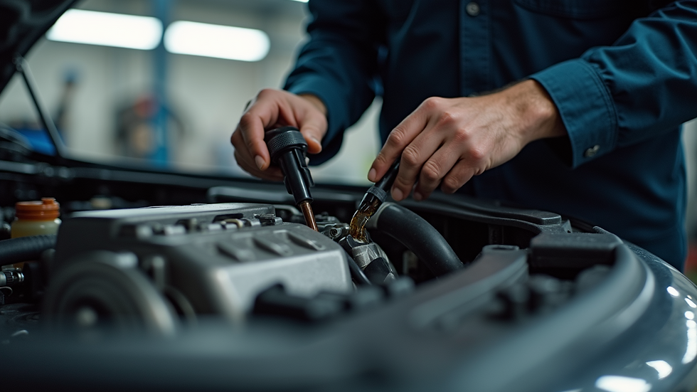 Eye-level view of a mechanic performing transmission fluid replacement