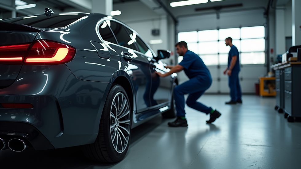 High angle view of a car being serviced in a professional garage