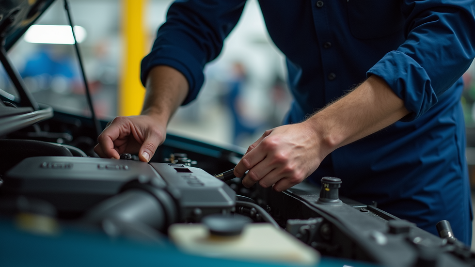 Close-up view of a mechanic inspecting a car engine