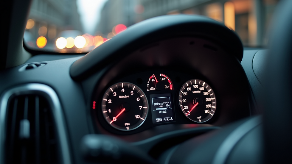 High angle view of a car dashboard showing maintenance indicators