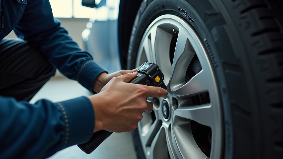 Eye-level view of a mechanic using a digital torque wrench on a car wheel