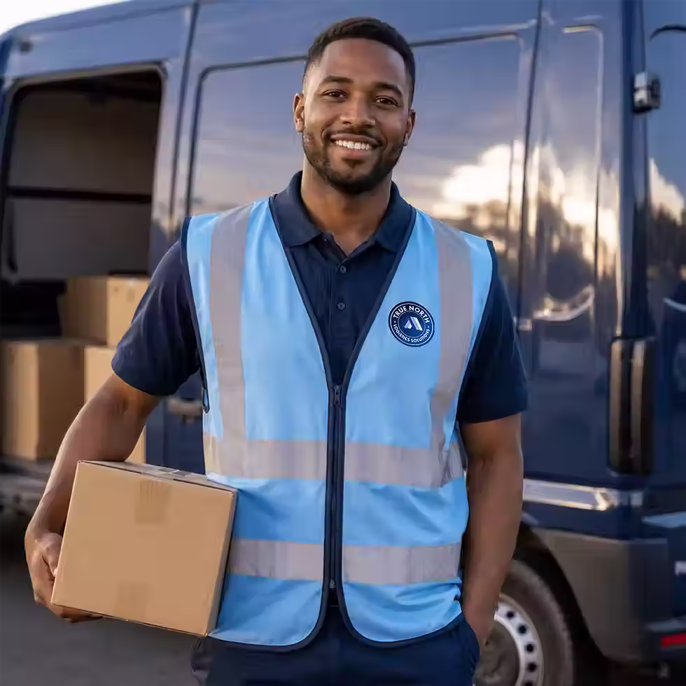 Smiling delivery driver wearing a True North Logistics Solutions uniform, representing career opportunities with the company.