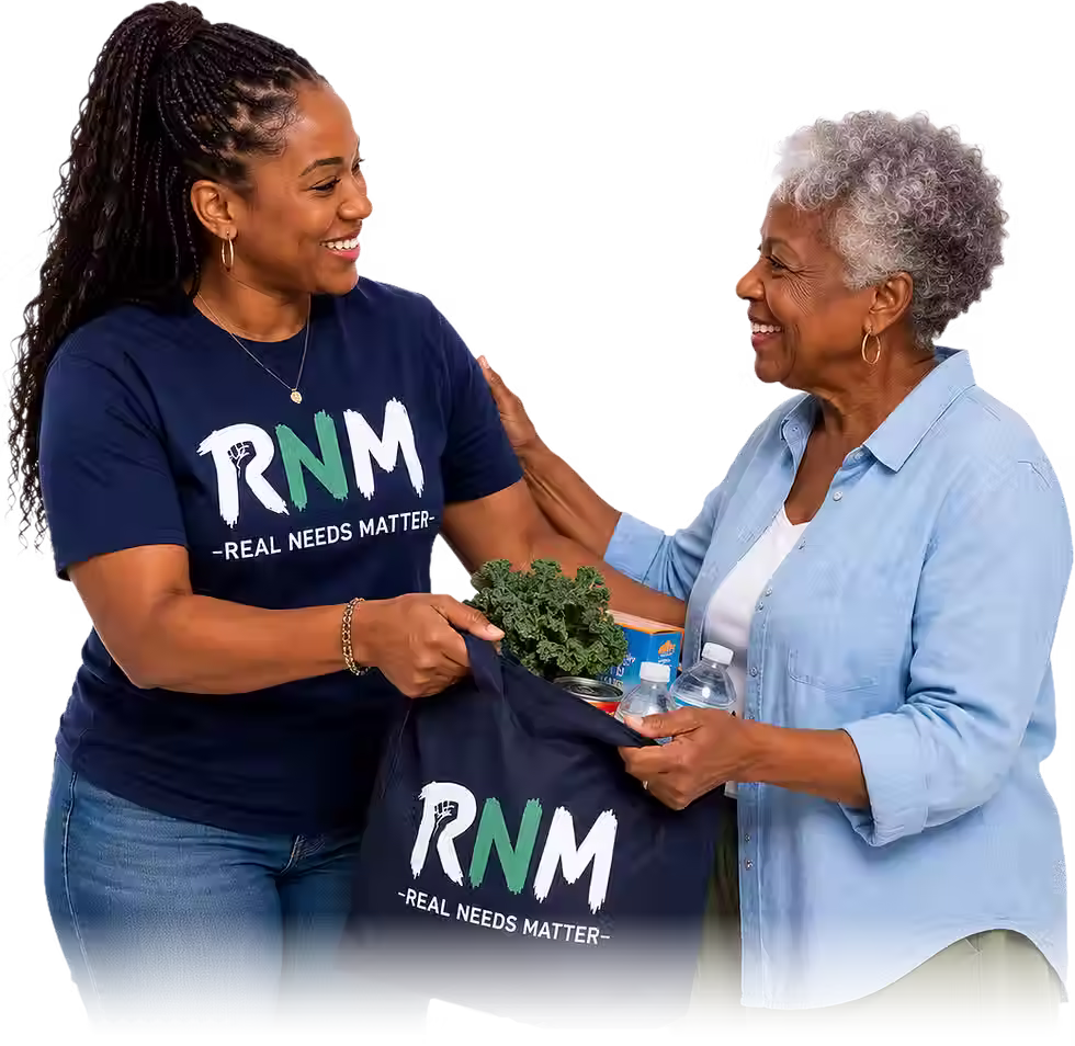 RNM volunteer connecting with an older community member during a neighborhood outreach event