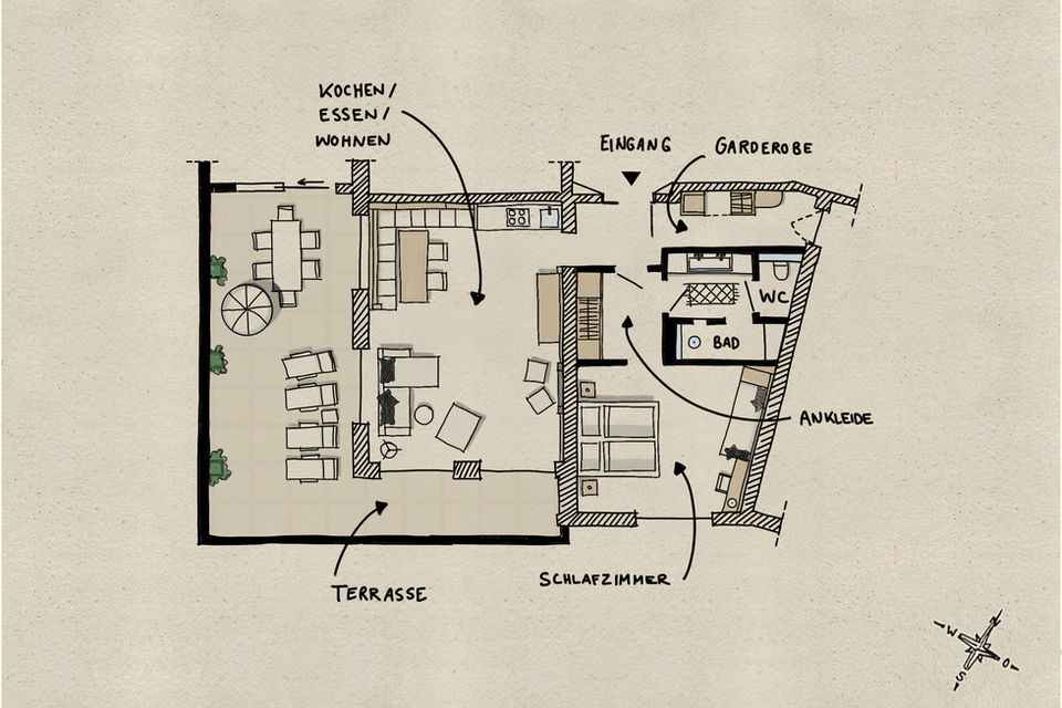 Erstellung Grundriss im Freihandstil für eine verkaufsförderne Onlinevermarktung für das Hotel Kaiserlodge in Ellmau, Tirol, Österreich.
