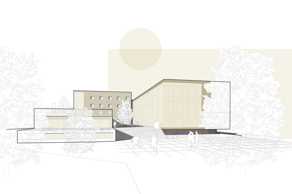 3D Darstellung eines architektonischen Konzeptes einer Schule.