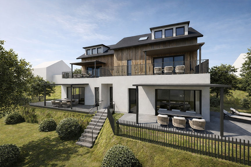 Erstellung einer fotorealistischen Außenvisualisierung eines Mehrfamilienhauses in Kärnten für besseren Verkauf Bauträger