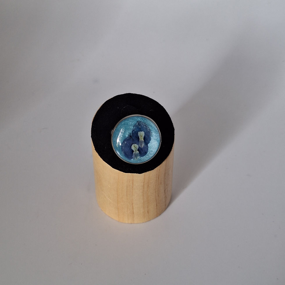 Top view of a handmade preserved Texas bluebonnet ring on an adjustable stainless steel band