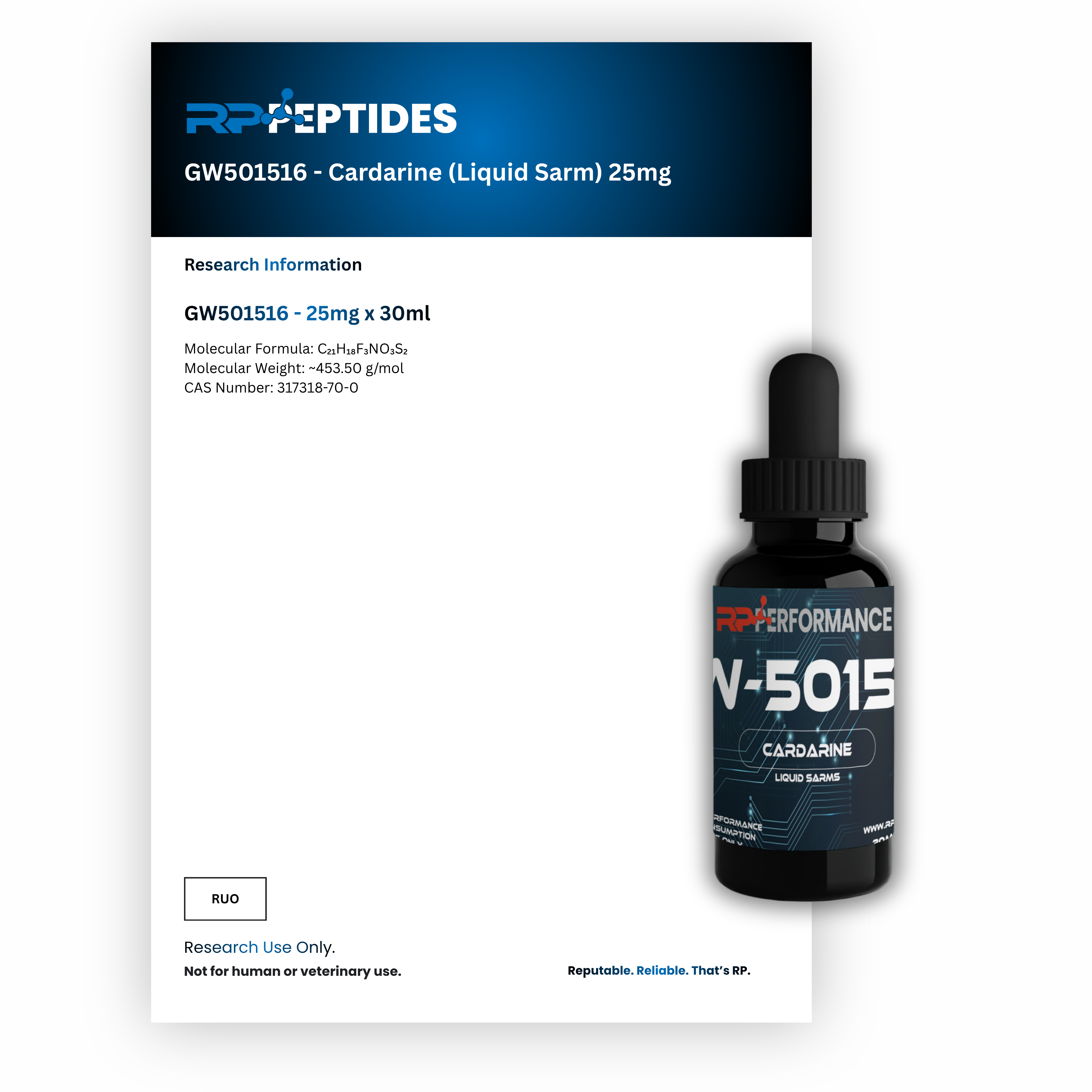 GW501516 - Cardarine (Liquid Sarm) 25mg x 30ml :  Research Only