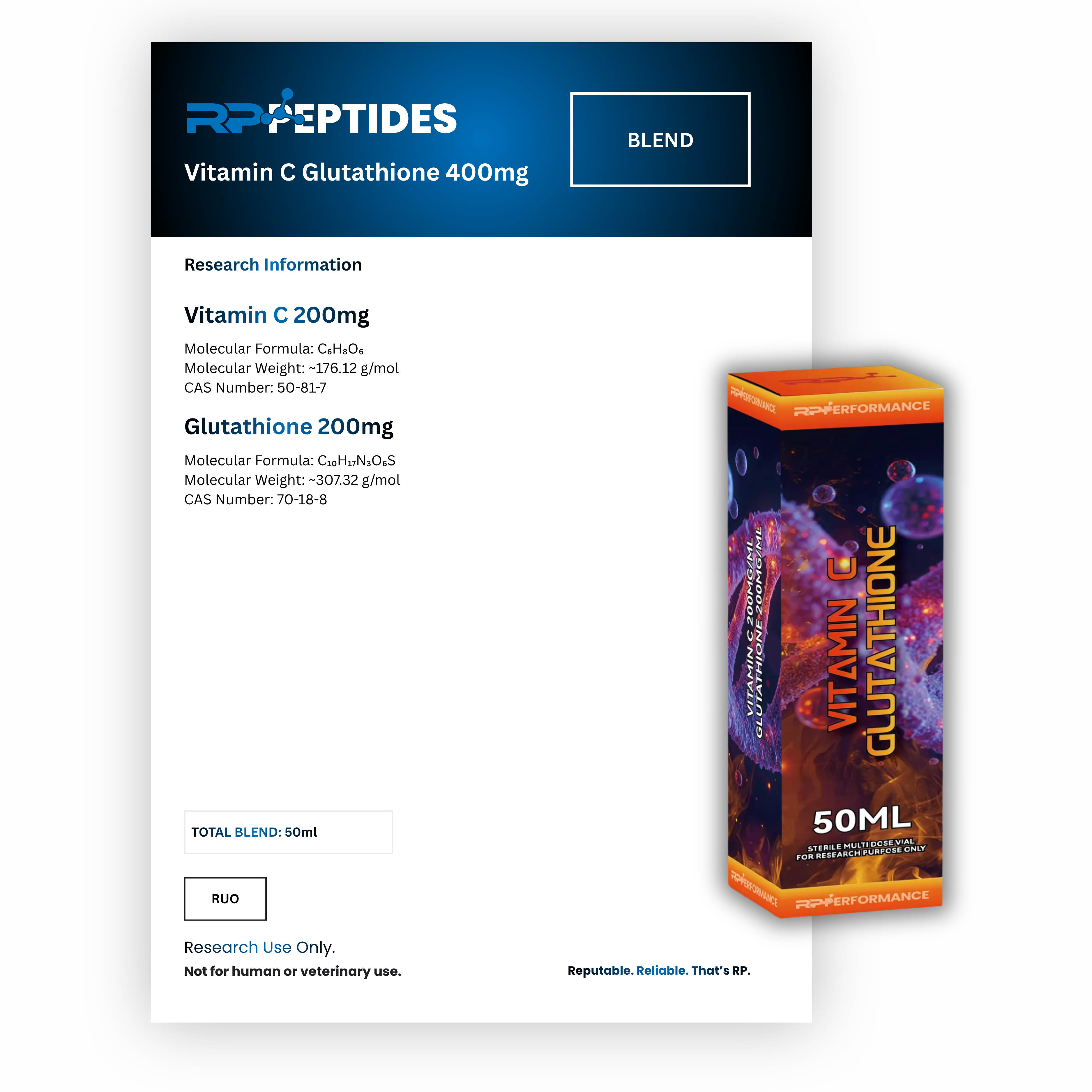 Vitamin C Glutathione 400mg per ml - 50ml : Research Only
