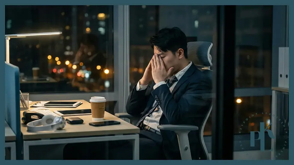 Man in a suit sits at a desk in a dimly lit office, hands on face, looking stressed. Night cityscape view through large windows.