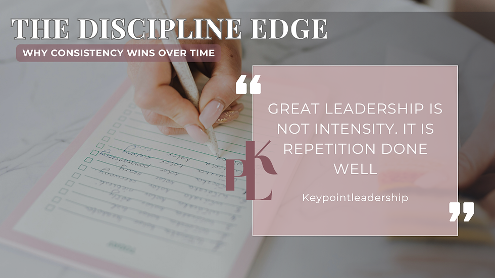 Hand holding a pen writing on a checklist. Text overlay: "The leadership discipline. Why Consistency Wins Over Time. Great leadership is not intensity."