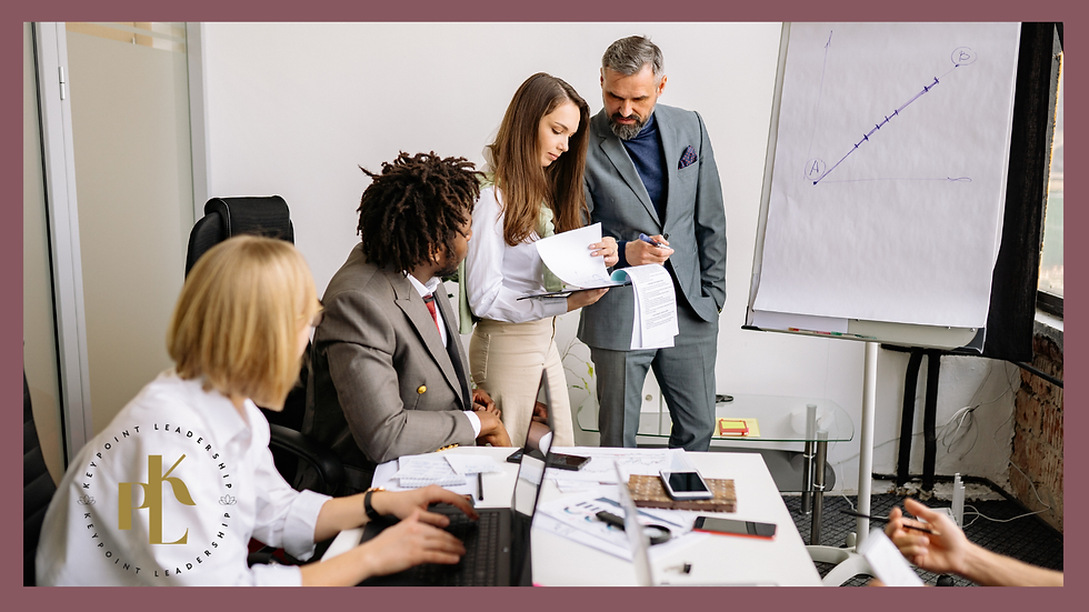 Four businesspeople in a meeting room discuss papers. A graph on a flip chart shows growth. The picture shows how leadership discipine create success