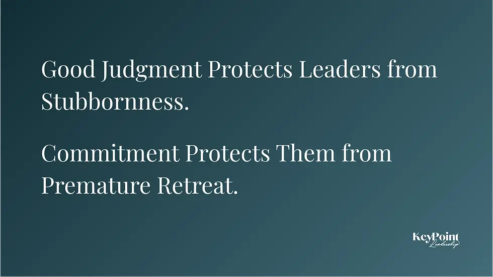 Teal slide with white quote about good judgment and commitment, plus KeyPoint Leadership logo.