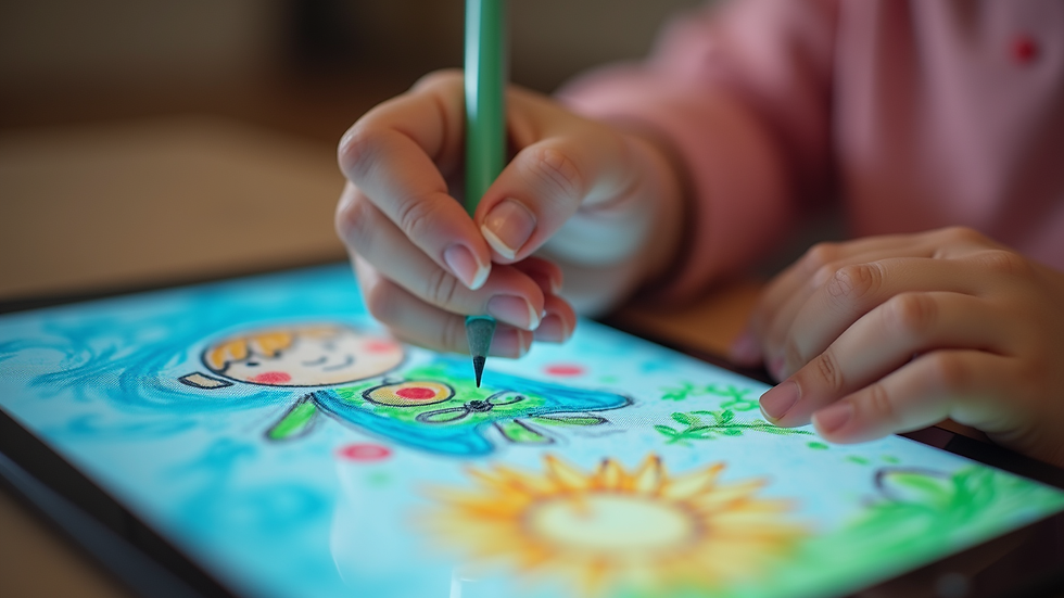 Close-up view of a tablet screen showing a child’s colorful digital drawing in progress